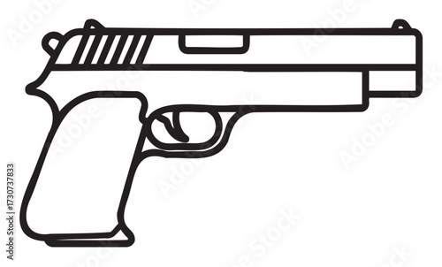 Black and white outline of semi-automatic handgun illustration - stock vector
