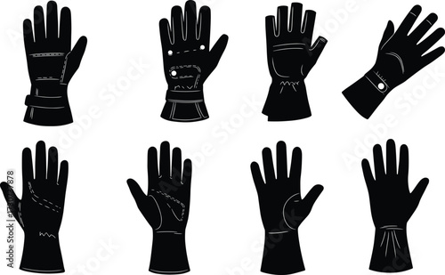 Glove silhouettes, fashion styles, utility designs, stitched details, black vector, accessory icons, elegant set, protective wear, handwear variety