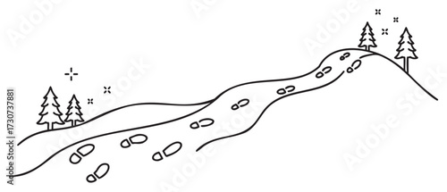 Footprints on snowy hill with pine trees and stars in simple line art - stock vector