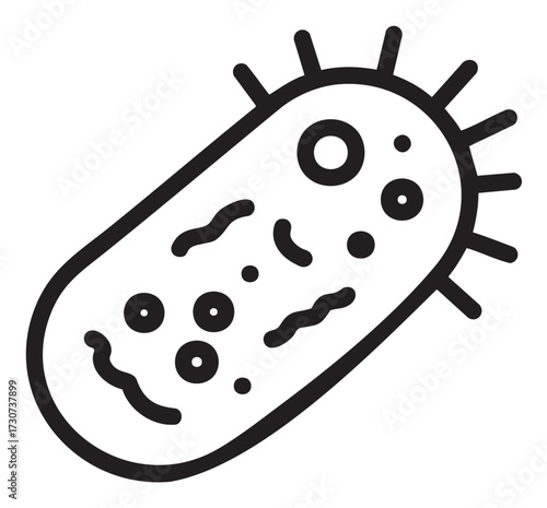 Black and white bacteria icon with simplified outer membrane and flagella - stock vector