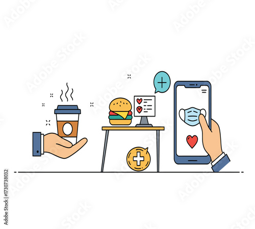 Illustration of a healthy lifestyle with a coffee cup, a red mug, a burger, a leaf, a computer, a trash can, a lamp, and a smartphone concept of balance and wellbeing