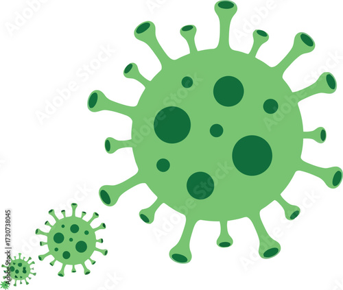  Green virus particles, representing a coronavirus or infectious disease, shown in different sizes against a white background
