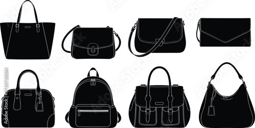 Handbag silhouettes, tote, clutch, satchel, backpack, crossbody, shoulder bag, purse styles, black design, fashion vector, accessory set