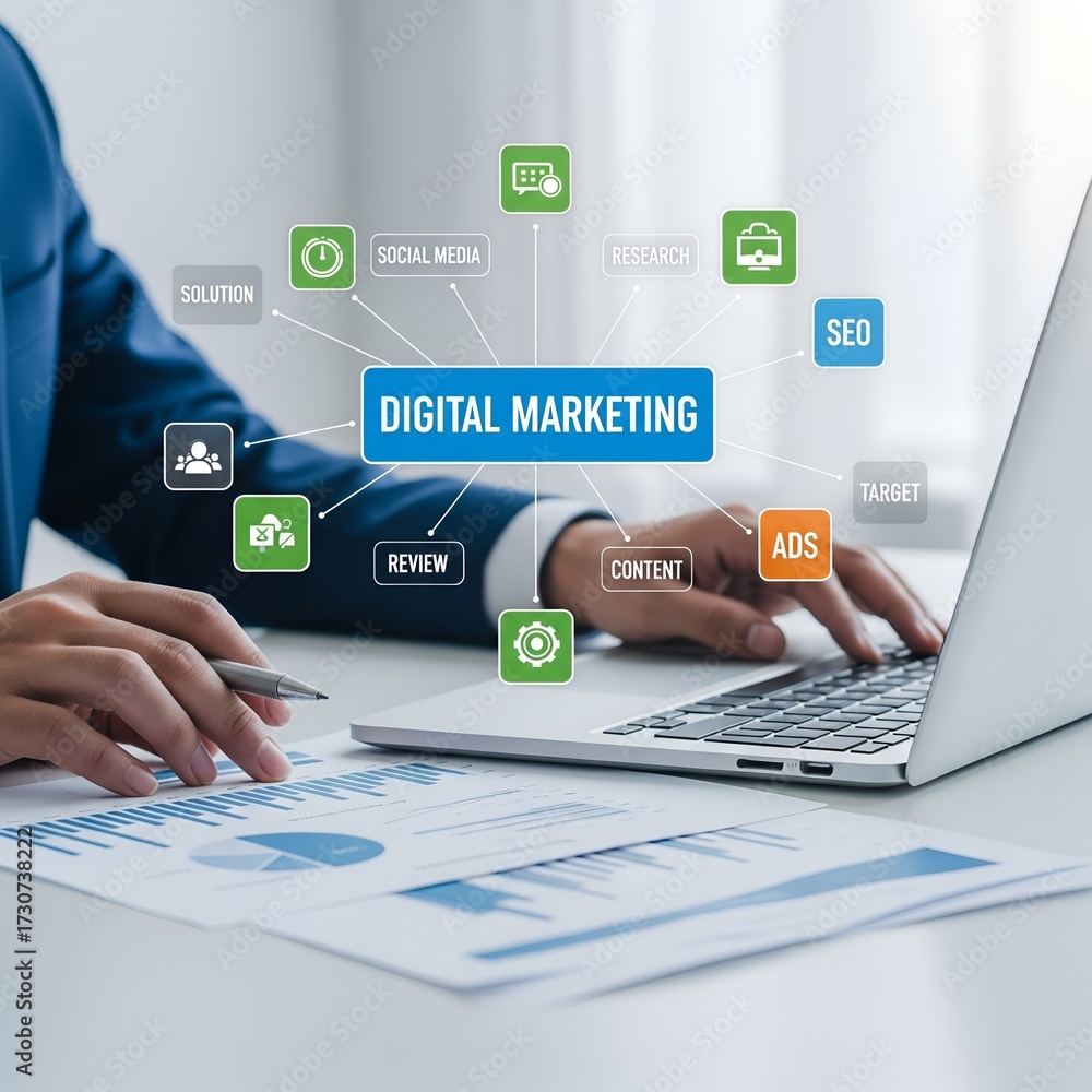 Fototapeta premium Digital marketing professional analyzing data and using laptop with glowing icons