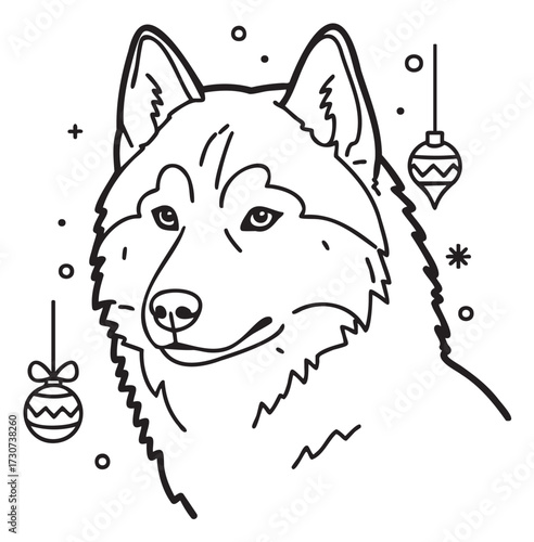 Festive husky outline with ornaments and snowflakes - stock vector