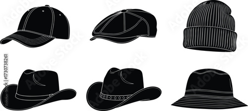 Hat silhouettes, baseball cap, fedora, beanie, cowboy hat, top hat, bucket hat, black design, fashion vector, headwear icons