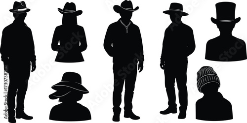 Hat fashion silhouettes, cowboy, top hat, beanie, wide-brim, diverse poses, black design, vector icons, headwear styles, identity set
