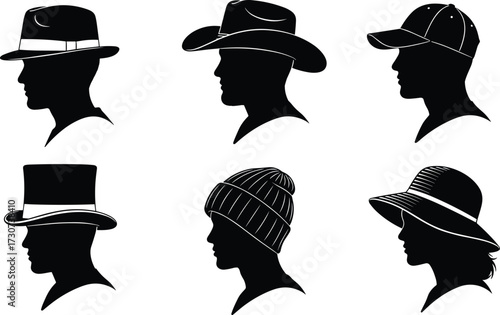 Hat silhouettes, fedora, cowboy, baseball cap, top hat, beanie, sun hat, fashion vector, black design, headwear styles