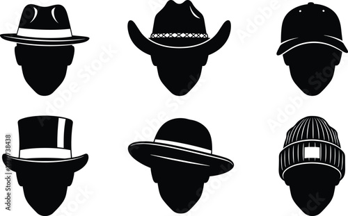 Hat silhouettes, fedora, cowboy, baseball cap, top hat, sunhat, beanie, fashion vector, black design, headwear icons, stylish set