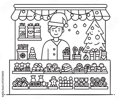 Male vendor at christmas market stall with festive sweets and gifts - stock vector