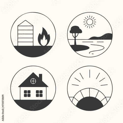 Art of set of nine minimalist geometric mountain range icons with pine trees and sun, isolated on a light cream background, perfect for nature, adventure, and outdoor themes