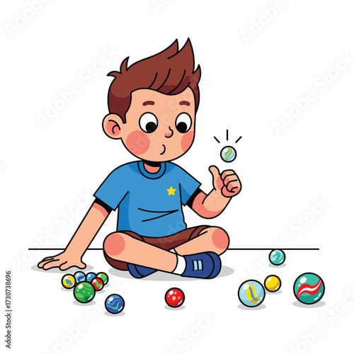 Cute cartoon boy playing with colorful marbles on a white background, childhood fun