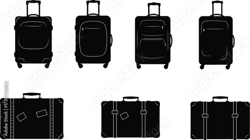 Luggage silhouette set, travel suitcase icons, vintage bags, hard shell cases, wheeled luggage, black vector, minimal design, modern style, compact gear