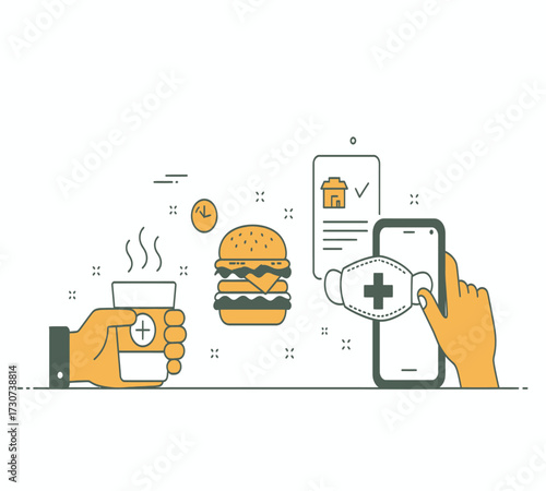 Illustration of a healthy lifestyle with a coffee cup, a red mug, a burger, a leaf, a computer, a trash can, a lamp, and a smartphone concept of balance and wellbeing