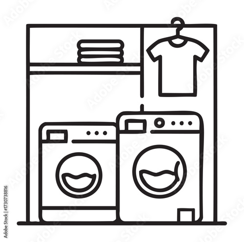 Minimalist laundry room setup with modern appliances and organized storage - stock vector