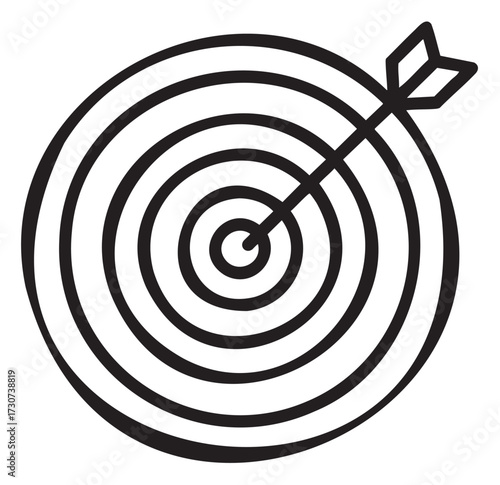 Black arrow hitting center of circular target symbolizing precision and accuracy - stock vector
