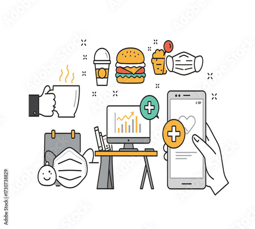 Illustration of a healthy lifestyle with a coffee cup, a red mug, a burger, a leaf, a computer, a trash can, a lamp, and a smartphone concept of balance and wellbeing