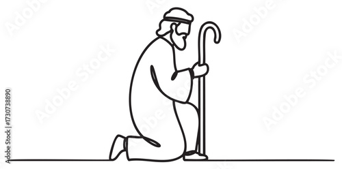 Middle eastern elderly male silhouette kneeling with walking stick - stock vector