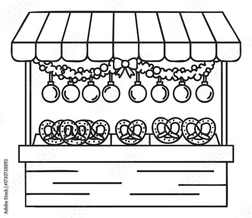 Festive market stall with pretzels and holiday decorations - stock vector