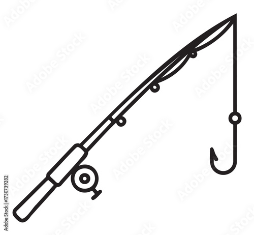 Simple fishing rod illustration with reel and hook in black and white - stock vector