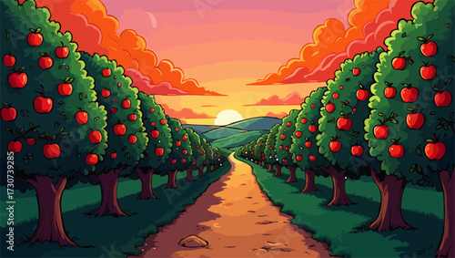 Vibrant sunset over an orchard pathway lined with fruiting apple trees