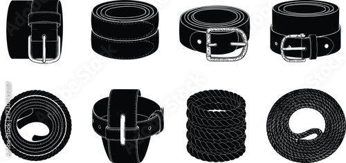 Rolled belts, coiled ropes, buckle styles, cord textures, black vector, fashion and utility icons, stylish set, material design