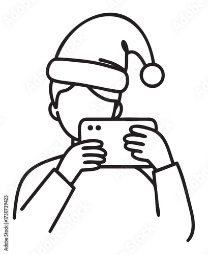 Young caucasian male taking a selfie with santa hat - black and white outline - stock vector