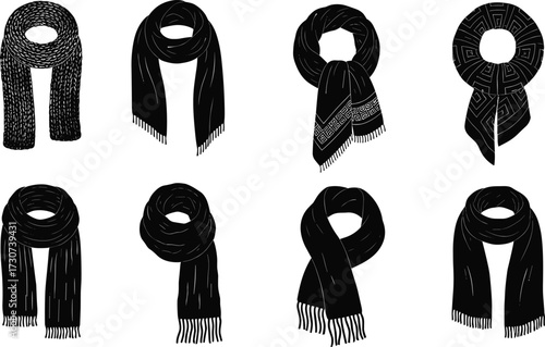 Scarf silhouettes, fashion wraps, fringe detail, geometric pattern, looped styles, black design, vector icons, winter accessory, stylish set