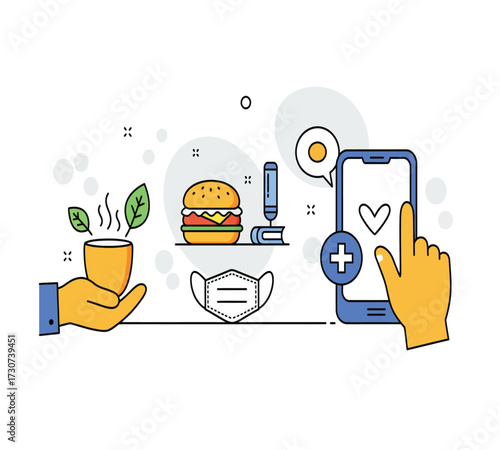Illustration of a healthy lifestyle with a coffee cup, a red mug, a burger, a leaf, a computer, a trash can, a lamp, and a smartphone concept of balance and wellbeing