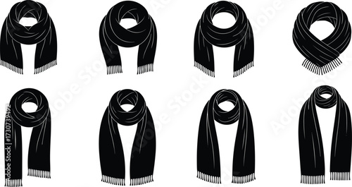 Scarf silhouettes, front view, tied styles, fringe detail, black design, fashion vector, winter accessory, neckwear icons, stylish setScarf silhouettes, front view, , black design, fashion vector, 