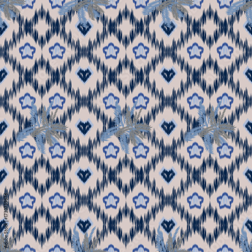 seamless Ikat-style pattern with a tropical twist. Features rhythmic blue and cream tones, stylized diamond shapes, soft brush-like textures, and elegant palm leaves. 