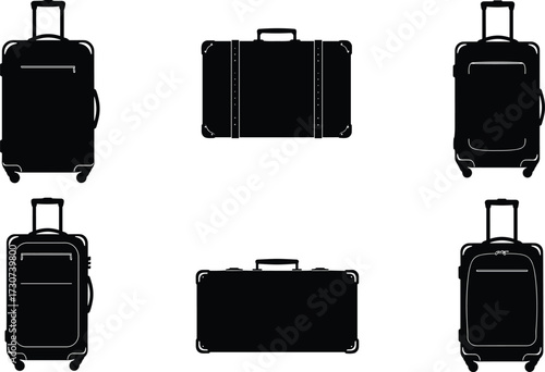 Suitcase silhouette set, travel luggage icons, black vector, rolling bags, hard shell cases, minimal design, modern style, compact gear, handle detail