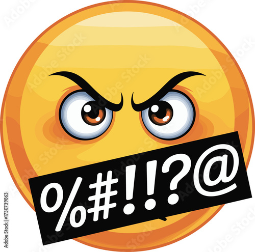 Angry Emoji Face with Censored Mouth, Furious Expression, Digital Rage Symbol, Strong Emotion Icon, Flat Vector Illustration, Cartoon Style