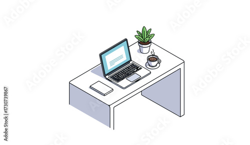 Isometric illustration of a modern desk with a laptop, coffee, and a small plant.