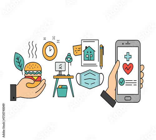 Illustration of a healthy lifestyle with a coffee cup, a red mug, a burger, a leaf, a computer, a trash can, a lamp, and a smartphone concept of balance and wellbeing