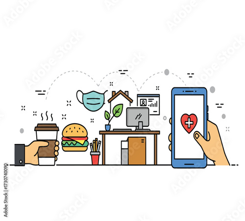 Illustration of a healthy lifestyle with a coffee cup, a red mug, a burger, a leaf, a computer, a trash can, a lamp, and a smartphone concept of balance and wellbeing