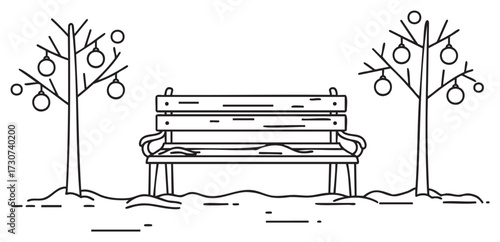 Snow-covered park bench amidst sparse trees in winter scene - stock vector