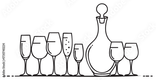 Elegant glassware collection featuring wine glasses and decanter in outline design - stock vector