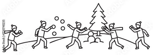 Winter fun: cartoon characters having a snowball fight in a forest setting - stock vector