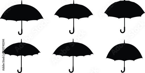 Umbrella silhouettes, canopy shapes, handle styles, black vector, rain gear, fashion icons, accessory set, elegant design, weather protection, outline illustration