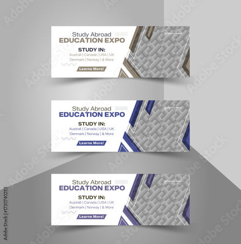 Study Abroad Education Expo Facebook Cover Banner Set Modern Social Media Banner Template for Education Agency Set of 3 Editable Facebook Cover Designs for Student Visa Consultant University.