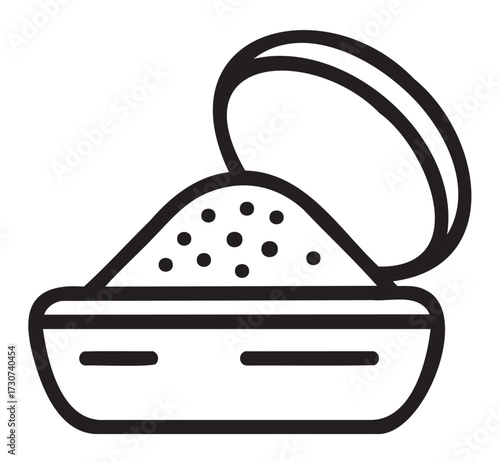 Monochrome image of a small open makeup compact case with powder - stock vector