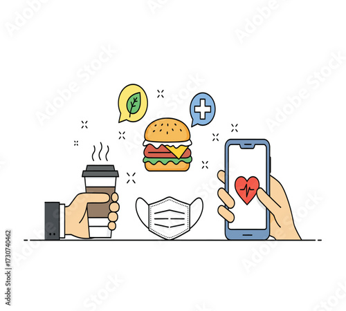 Illustration of a healthy lifestyle with a coffee cup, a red mug, a burger, a leaf, a computer, a trash can, a lamp, and a smartphone concept of balance and wellbeing