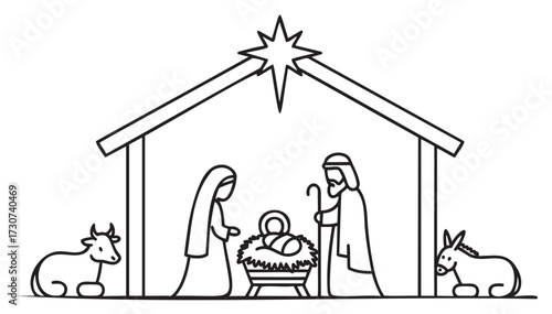 Nativity scene with holy family and animals in a manger – black and white line art - stock vector