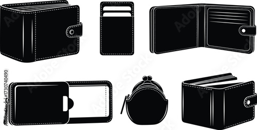 Wallet silhouettes, cardholder, bi-fold, zip closure, clasp purse, snap button, black design, fashion accessory, vector icon, compact styles