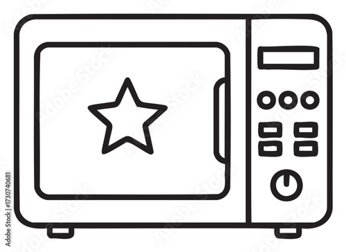 Black and white line drawing of modern microwave oven with star design - stock vector
