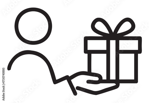 Outline icon of person offering gift box with bow - stock vector