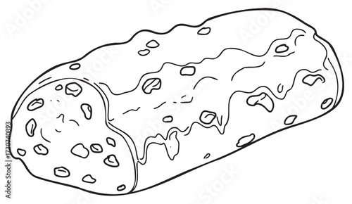 Monochrome outline of a biscotti cookie with almonds and texture details - stock vector
