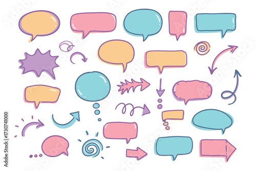 Colorful Hand- Drawn Speech Bubbles and Arrows on White Background talk bubble thought bubble