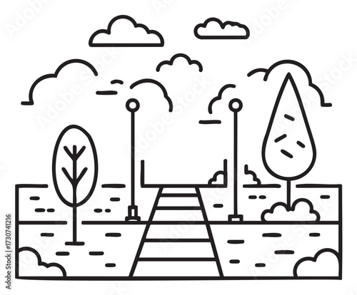 Minimalist landscape with pathway, trees, and clouds in linear art style - stock vector